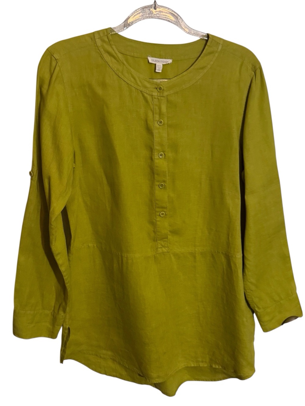 Eileen Fisher X-Small Linen Popover Tunic Top Green Lagenlook Long Sleeve